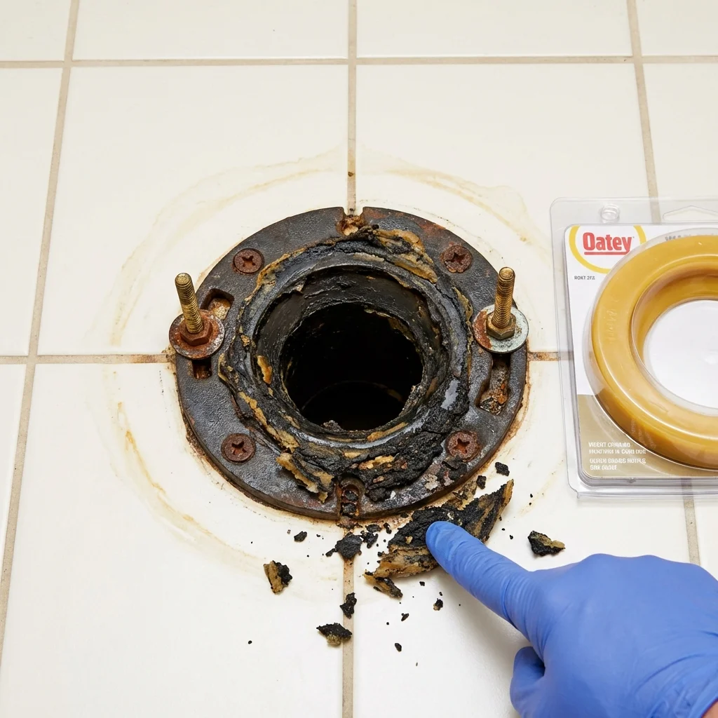 Failed wax ring showing water seepage at the base of a toilet in a Columbus, NE home