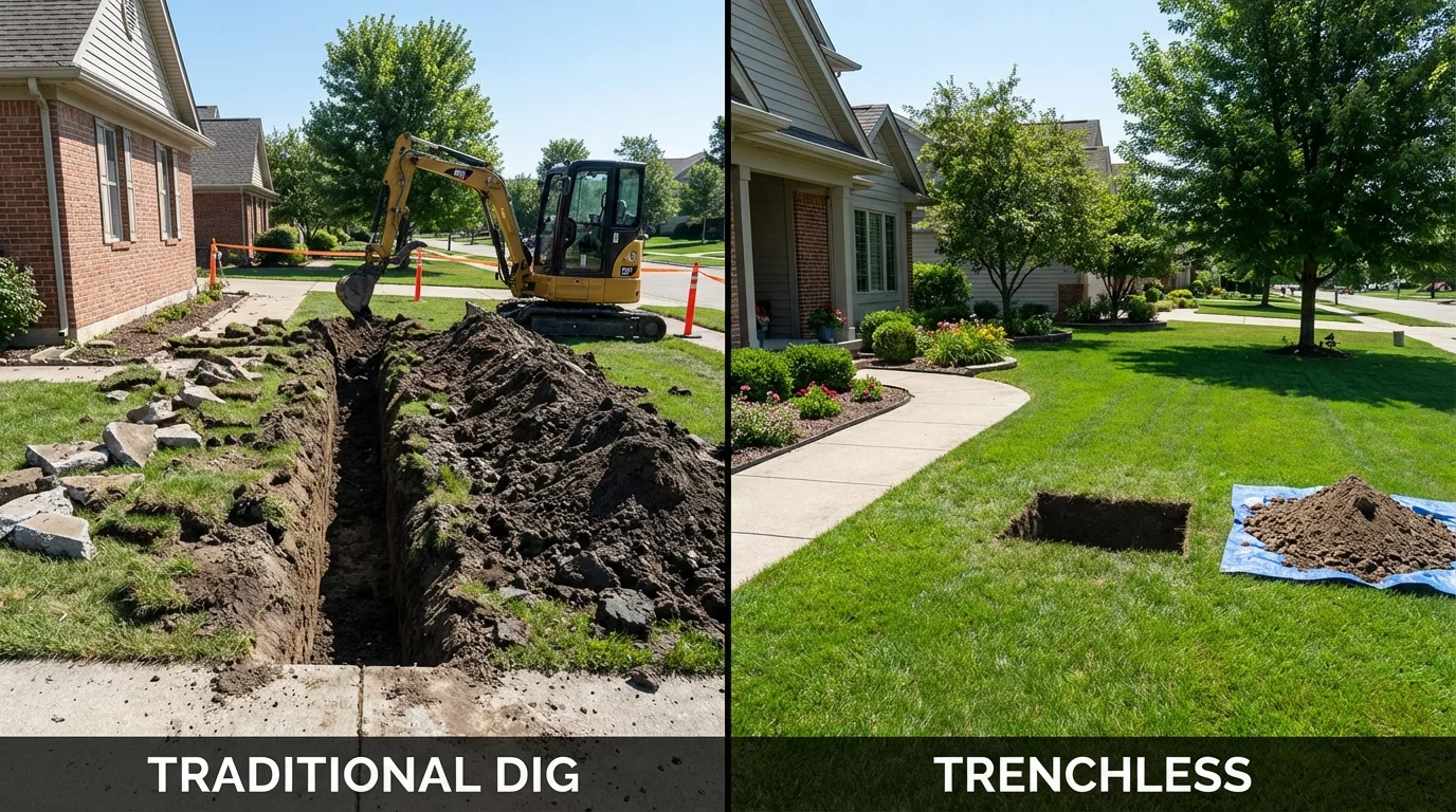 Trenchless sewer repair with minimal yard damage versus traditional excavation in Columbus, NE